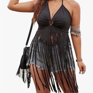 Black Fringe Halter Crop Top